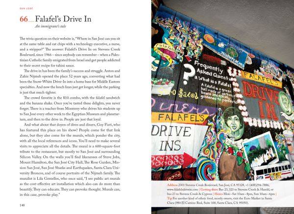 Small green microchip near center of dark green cover of '111 Places in Silicon Valley That You Must Not Miss', by Emons Verlag.