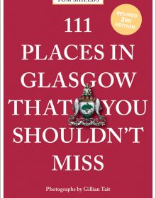 Wine red cover with 111 Places in Glasgow That You Shouldn't Miss in white font with small image of Glasgow coat of arms crest with salmon