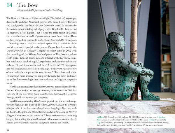 Black bull near centre of red cover of '111 Places in Calgary That You Must Not Miss', by Emons Verlag.