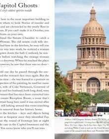 Rainbow colored electric guitar near center of peach cover of '111 Places in Austin That You Must Not Miss', by Emons Verlag.