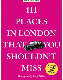 Black taxi cab near centre of raspberry cover of '111 Places in London That You Shouldn't Miss', by Emons Verlag.