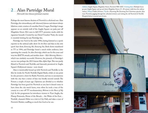 Book cover of 111 Places in Norwich That You Shouldn't Miss, with a row of old residential houses, with Cathedral behind. Published by Emons Verlag.