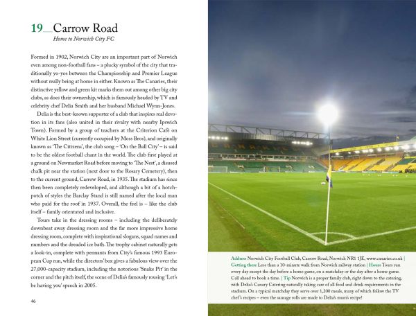 Book cover of 111 Places in Norwich That You Shouldn't Miss, with a row of old residential houses, with Cathedral behind. Published by Emons Verlag.