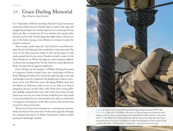 Book cover of '111 Places in Northumberland That You Shouldn't Miss', with a black and white common eider duck. Published by Emons Verlag.