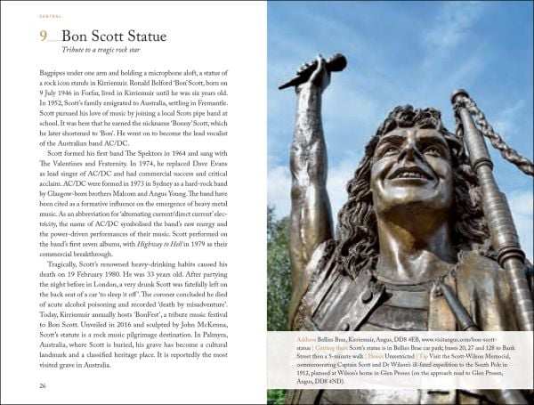 Book cover of 111 Dark Places in Scotland That You Shouldn't Miss; featuring a statue. Published by Emons Verlag.