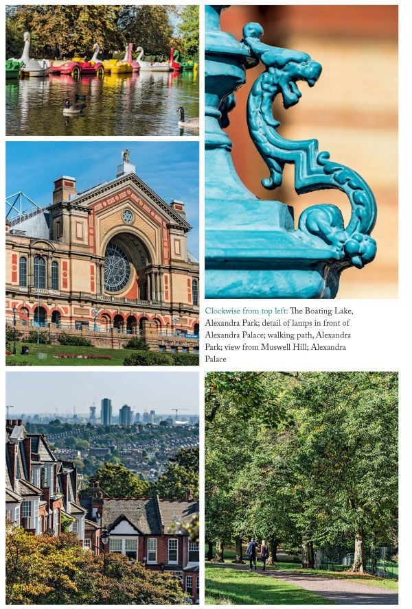 Pale green book cover of Nicola Perry's travel guide, 33 Walks in London That You Shouldn't Miss, featuring the Elizabeth Tower and red phone box. Published by Emons Verlag.