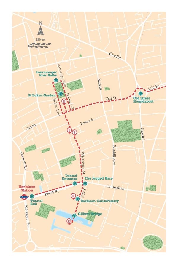 Pale green book cover of Nicola Perry's travel guide, 33 Walks in London That You Shouldn't Miss, featuring the Elizabeth Tower and red phone box. Published by Emons Verlag.