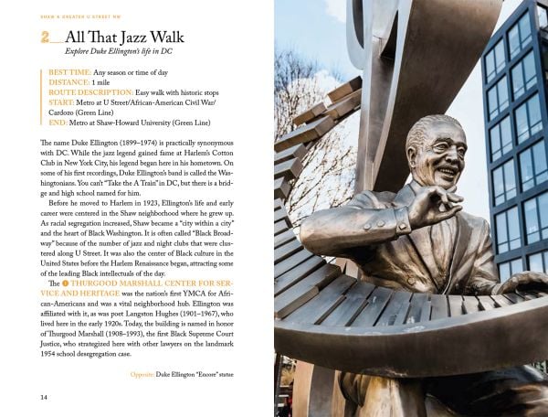 Book cover of 22 Walks in Washington, DC That You Must Not Miss, featuring Capitol Dome, pink blossom, a panda, George Washington, Mambo sauce and a drum. Published by Emons Verlag.