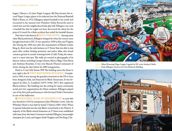 Book cover of 22 Walks in Washington, DC That You Must Not Miss, featuring Capitol Dome, pink blossom, a panda, George Washington, Mambo sauce and a drum. Published by Emons Verlag.