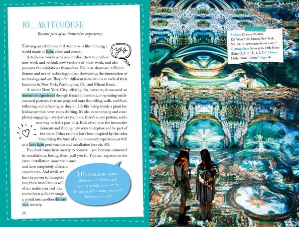 Book cover of 111 Places for Kids in New York That You Must Not Miss, with and apple, a slice of pizza , and the Statue of Liberty. Published by Emons Verlag.