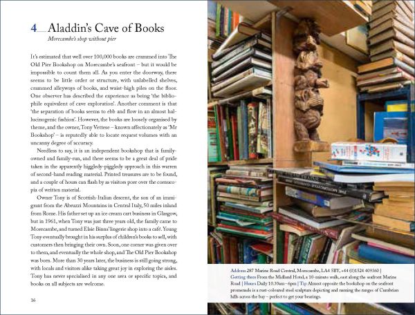 Book cover of 111 Places in Lancaster and Morecambe That You Shouldn't Miss, with a bronze statue of Eric Morecambe performing his trademark side kick. Published by Emons Verlag.
