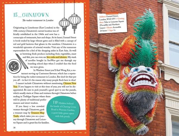 Book cover of Alicia Edwards's 111 Places for Kids in London That You Shouldn't Miss, with a black cab, tower bridge and a red robin holder the Union Jack. Published by Emons Verlag.