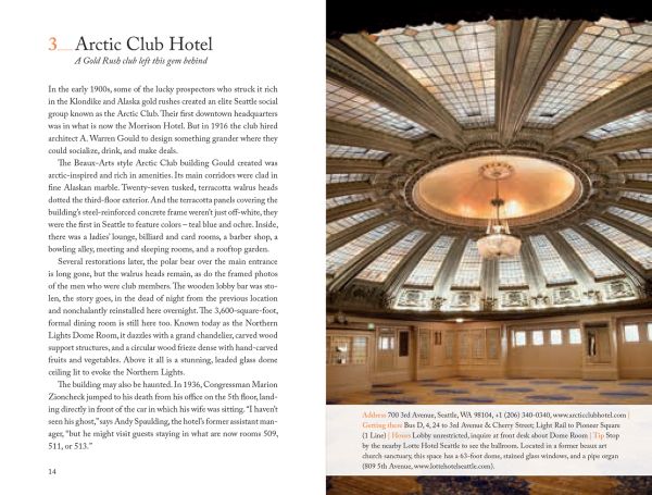 Book cover of Harriet Baskas' 111 Places in Seattle That You Must Not Miss, with a yellow umbrella surrounded by rain drops. Published by Emons Verlag.