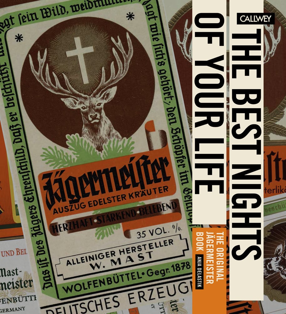 Colour Jägermeister liquor bottle label with large antlered deer with cross above head and The Best Nights of Your Life in black font on white banner down right side
