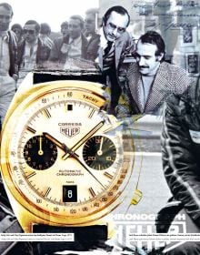 Book cover of Heuer Chronographs: 1960-1980s – Fascination of Timekeepers and Motor Sports; featuring Steve McQueen wearing a Heuer watch. Published by Callwey.