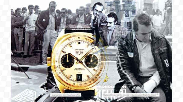 Book cover of Heuer Chronographs: 1960-1980s – Fascination of Timekeepers and Motor Sports; featuring Steve McQueen wearing a Heuer watch. Published by Callwey.