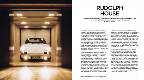 Book cover of Houses and Cars; featuring an E-type Jaguar housed in a luxury garage. Published by Callwey.