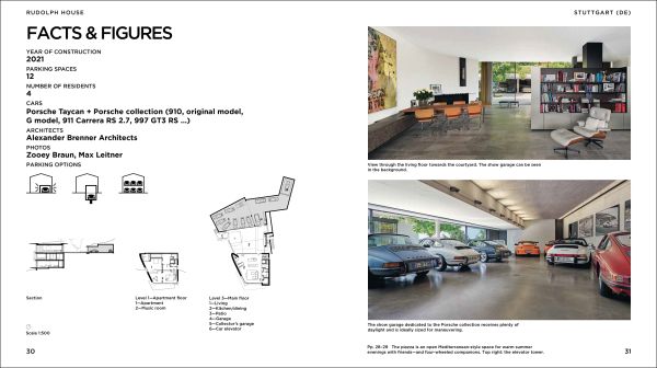 Book cover of Houses and Cars; featuring an E-type Jaguar housed in a luxury garage. Published by Callwey.