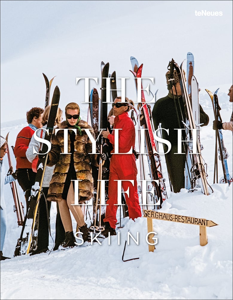 Group of fashion models in vintage ski wear, standing on snow, THE STYLISH LIFE SKIING, in white font to centre.