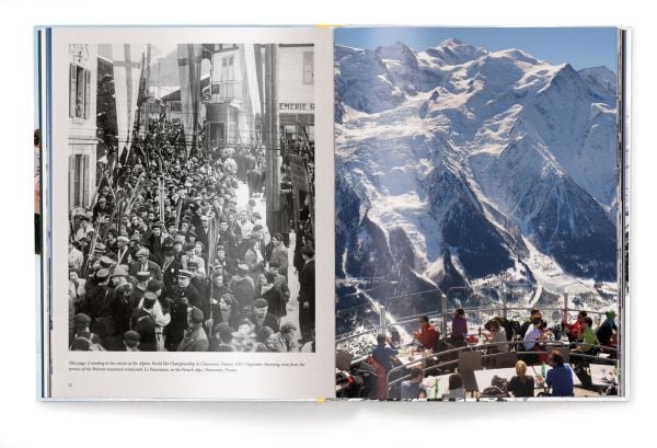 Book cover of The Stylish Life: Skiing, with a group of fashion models in vintage ski wear standing on snow. Published by teNeues Books.