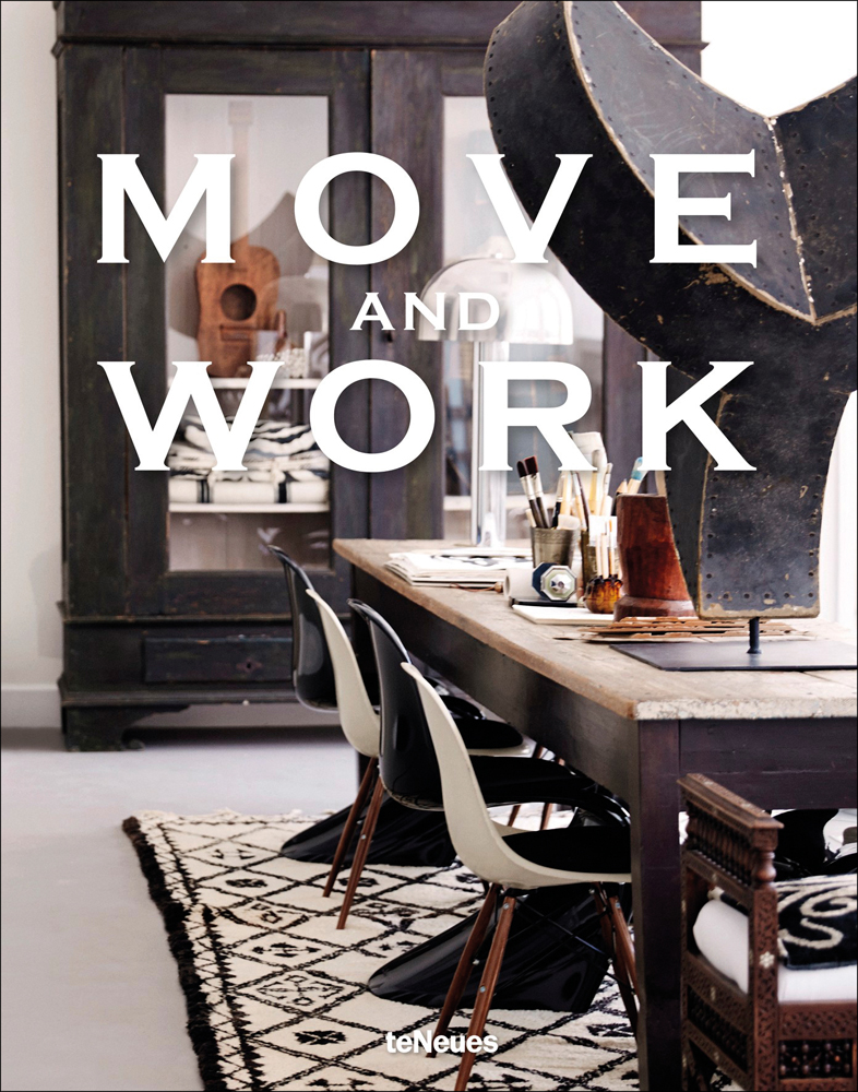 Interior space with wood dining table on rug, MOVE AND WORK, in white font above.