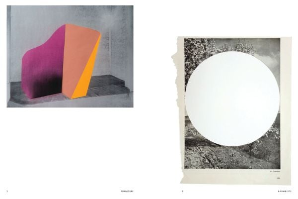 Black circle attached to smaller orange circle by fine thread on grey cover, Barbara Davi Train of Thought in white and black font above