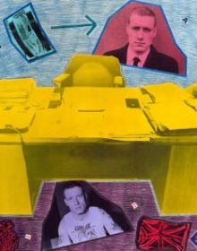 Collage page with high rise building, 2 portraits of male either side, yellow cover, anarchy sign to right corner, STEPHEN WILLATS in black font on white border.