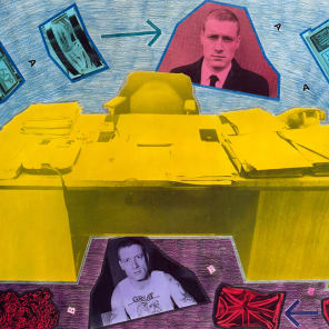 Collage page with high rise building, 2 portraits of male either side, yellow cover, anarchy sign to right corner, STEPHEN WILLATS in black font on white border.