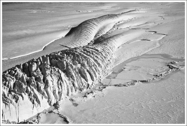 Sketch of glacier on white cover, snowy mountain, The Glacier's Essence in black font below
