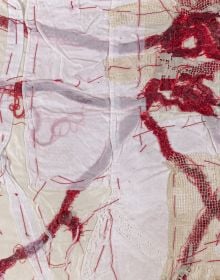 Cream cloth embroidered with red thread, cream lace and buttons, Memories of Textiles Nesa Gschwend in white font to lower left.