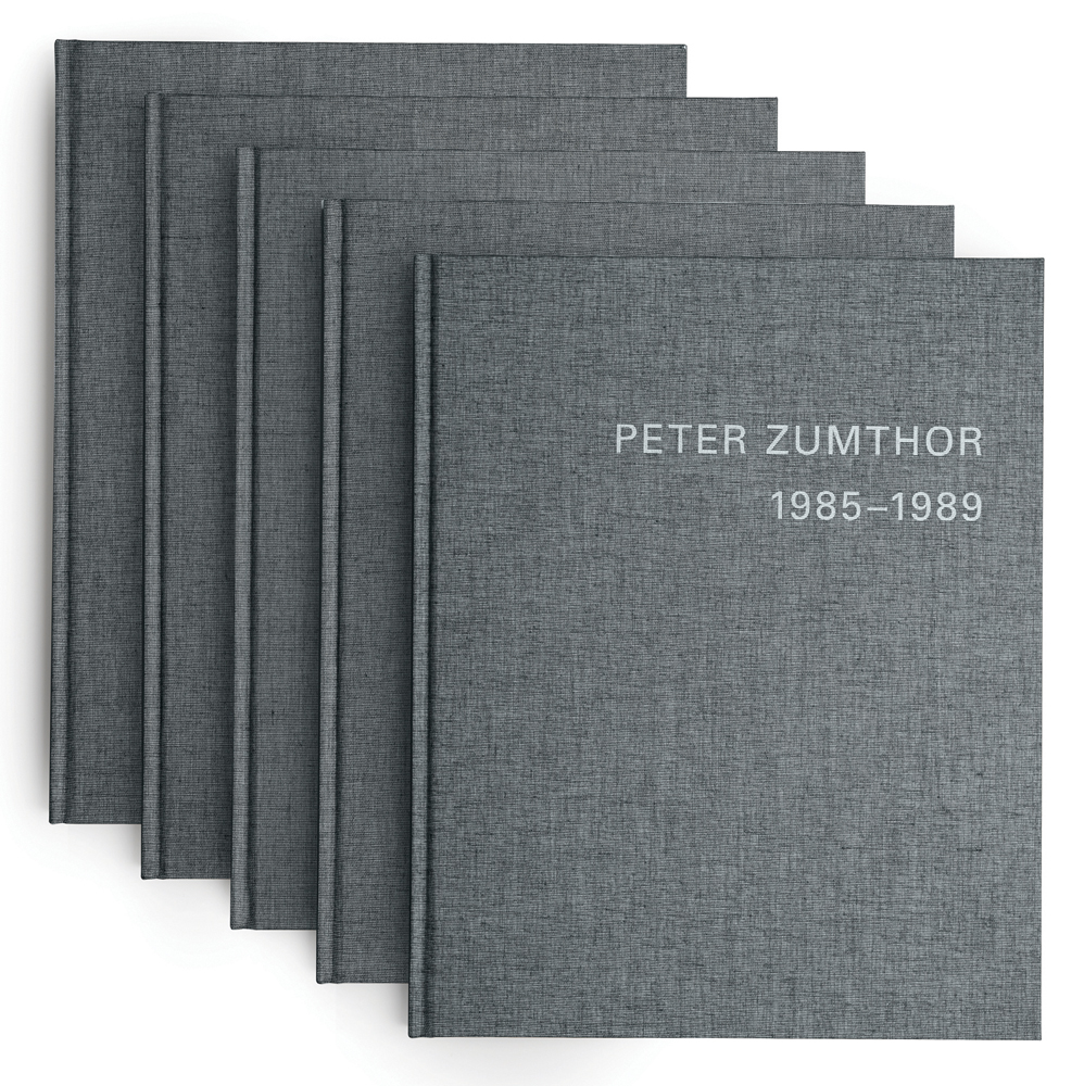 5 Grey covered volumes, 'PETER ZUMTHOR, 1985-2013', in silver font to first cover, by Scheidegger & Spiess.