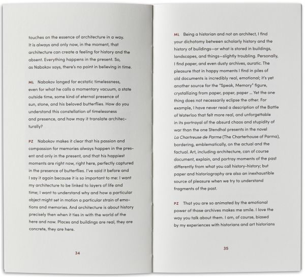 Grey cover with Peter Zumthor Mari Lending in red font and A Feeling of History in black font below