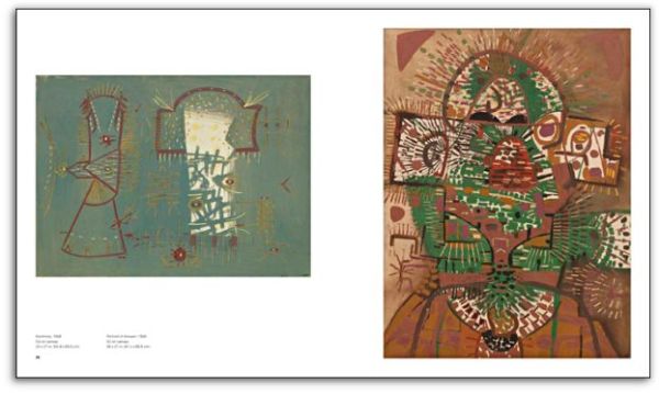 Abstract yellow and terracotta painting, small marks creating texture, Cosmic Theater THE ART OF LEE MULLICAN in white font above