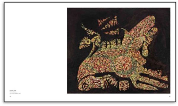 Abstract yellow and terracotta painting, small marks creating texture, Cosmic Theater THE ART OF LEE MULLICAN in white font above