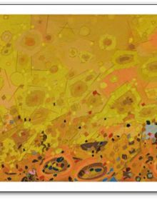 Abstract yellow and terracotta painting, small marks creating texture, Cosmic Theater THE ART OF LEE MULLICAN in white font above