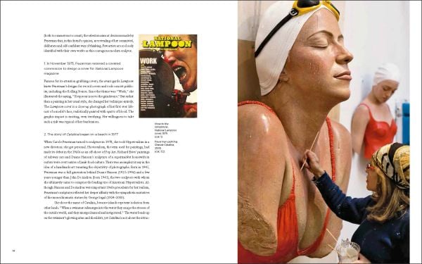 Hyper realistic head and shoulder sculpture of women in silver sequinned hat, Carole A. Feuerman in white and pale yellow font