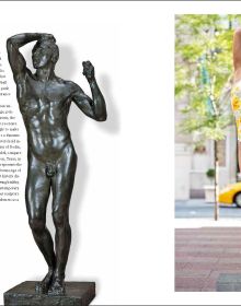 Hyper realistic head and shoulder sculpture of women in silver sequinned hat, Carole A. Feuerman in white and pale yellow font