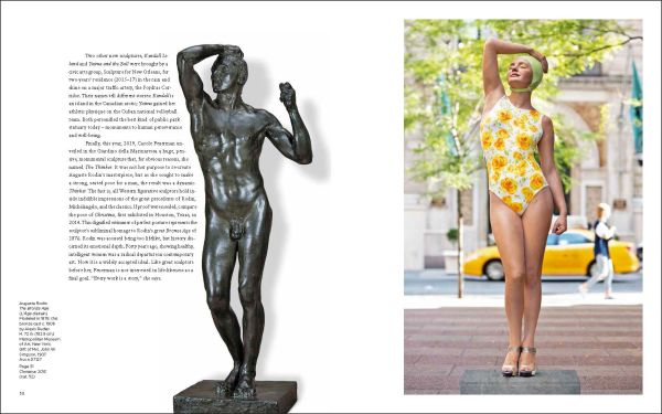 Hyper realistic head and shoulder sculpture of women in silver sequinned hat, Carole A. Feuerman in white and pale yellow font