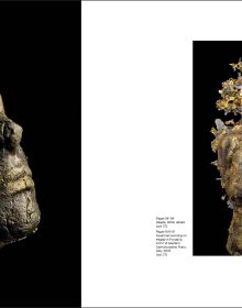 Hyper realistic head and shoulder sculpture of women in silver sequinned hat, Carole A. Feuerman in white and pale yellow font