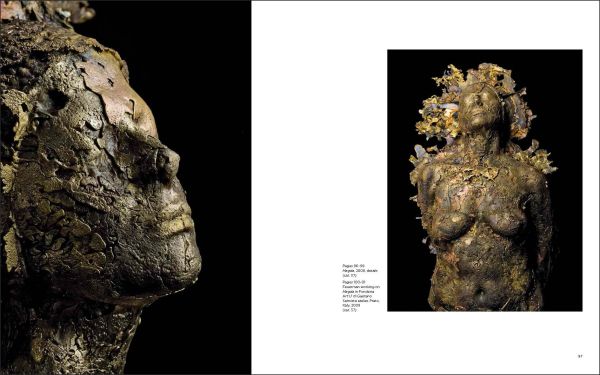 Hyper realistic head and shoulder sculpture of women in silver sequinned hat, Carole A. Feuerman in white and pale yellow font