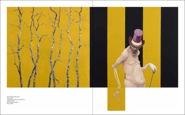 Hunchbacked nude male covering genitals, yellow cover with 3 black holes, Michael Kvium A Retrospective in black font to lower right