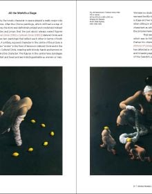 Hunchbacked nude male covering genitals, yellow cover with 3 black holes, Michael Kvium A Retrospective in black font to lower right