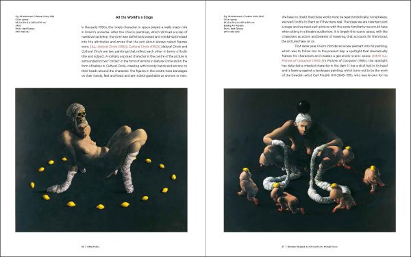 Hunchbacked nude male covering genitals, yellow cover with 3 black holes, Michael Kvium A Retrospective in black font to lower right