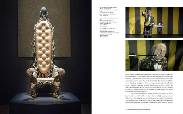 Hunchbacked nude male covering genitals, yellow cover with 3 black holes, Michael Kvium A Retrospective in black font to lower right