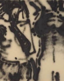 Photo montage of black and white shots of topless model, with black spray paint covering images below, Travaux/Works 1964-2013 in white font to bottom right.