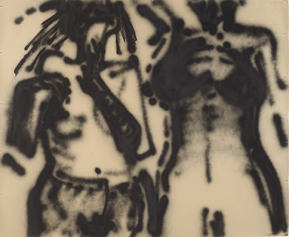 Photo montage of black and white shots of topless model, with black spray paint covering images below, Travaux/Works 1964-2013 in white font to bottom right.