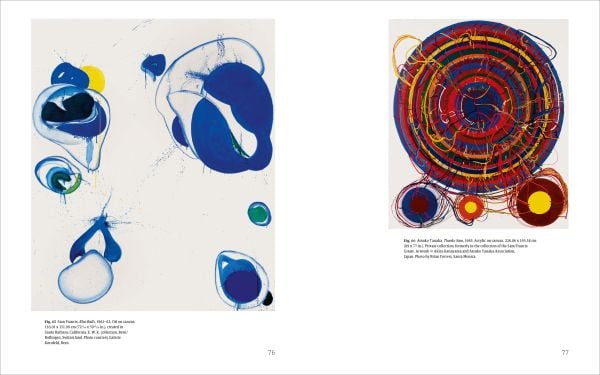 Abstract painting of deep purple, red and black inky lines on white cover, THE SPACE OF EFFUSION Sam Francis in Japan in red font to centre left.