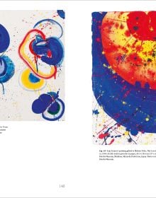 Abstract painting of deep purple, red and black inky lines on white cover, THE SPACE OF EFFUSION Sam Francis in Japan in red font to centre left.