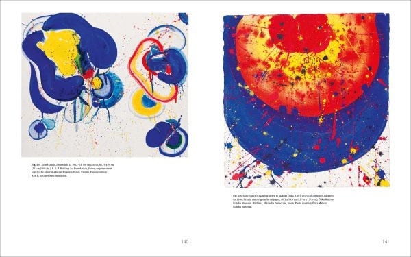 Abstract painting of deep purple, red and black inky lines on white cover, THE SPACE OF EFFUSION Sam Francis in Japan in red font to centre left.