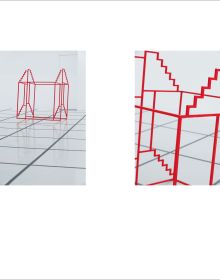Geometric print of yellow flower shapes and blue lines joined to make squares, off white cover, HONG SEUNG-HYE ORGANIC GEOMETRY in blue font.